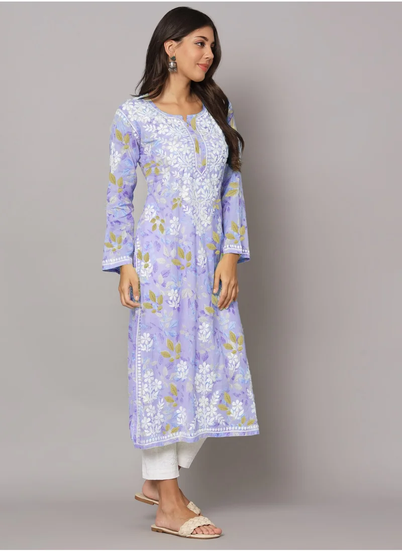 Alaya Hand Embroidered Chikan Printed Mulmul Kurta-AL3680