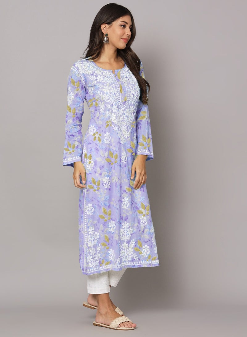 Alaya Hand Embroidered Chikan Printed Mulmul Kurta-AL3680  - Image 3