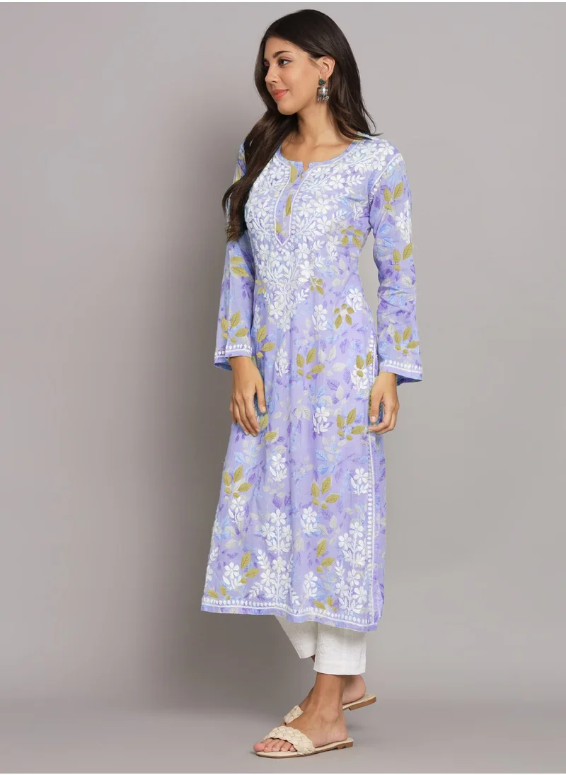 Alaya Hand Embroidered Chikan Printed Mulmul Kurta-AL3680