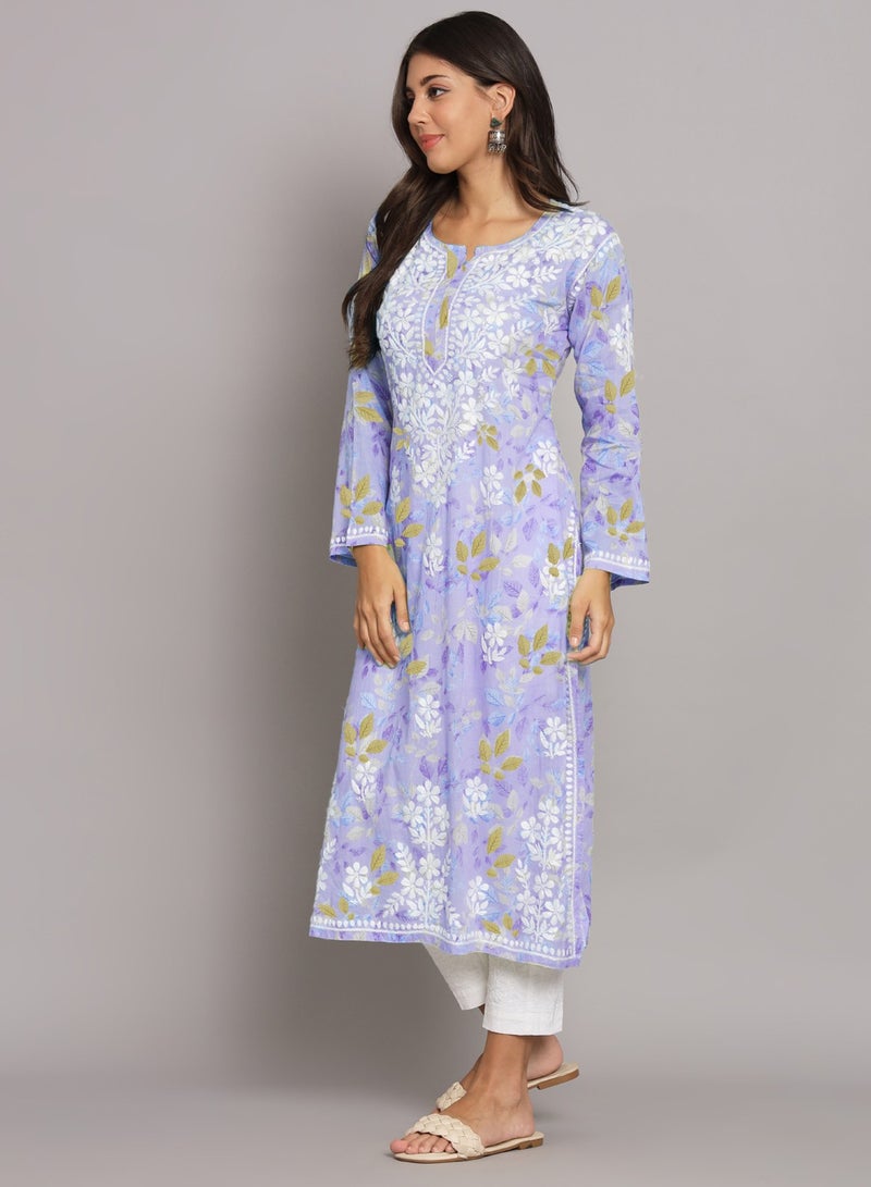 Alaya Hand Embroidered Chikan Printed Mulmul Kurta-AL3680  - Image 4