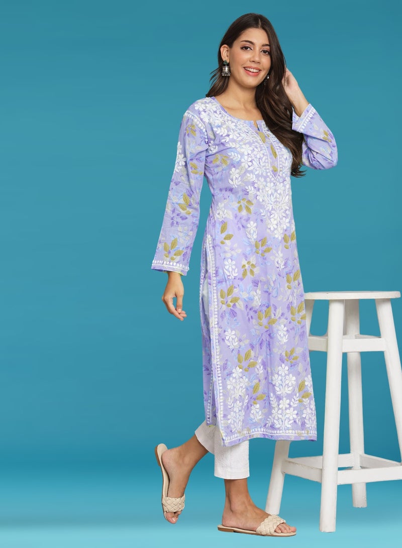 Alaya Hand Embroidered Chikan Printed Mulmul Kurta-AL3680  - Image 5