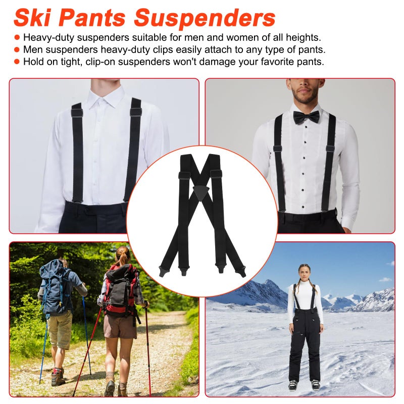 Vilapow Ski Pant Suspenders For Men & Women 1.5-Inch Wide Ski Suspenders Men Black Elastic Adjustable Mens Suspender Heavy Duty Clips Men's Classic X-Back Suspender - Image 2