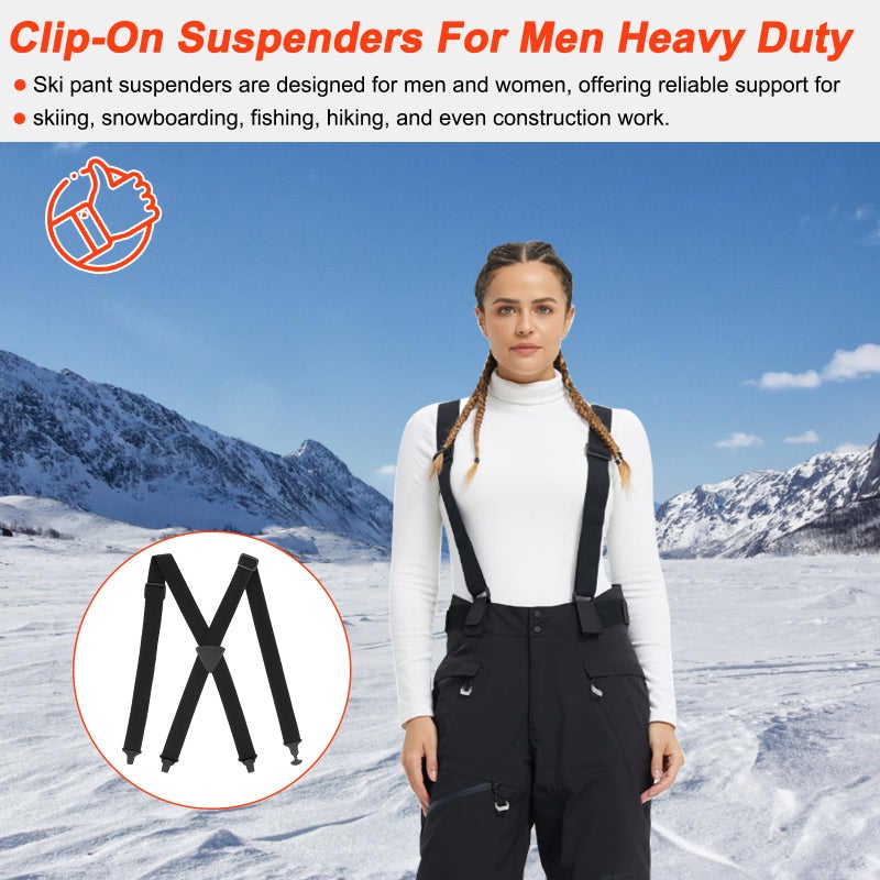 Vilapow Ski Pant Suspenders For Men & Women 1.5-Inch Wide Ski Suspenders Men Black Elastic Adjustable Mens Suspender Heavy Duty Clips Men's Classic X-Back Suspender - Image 4