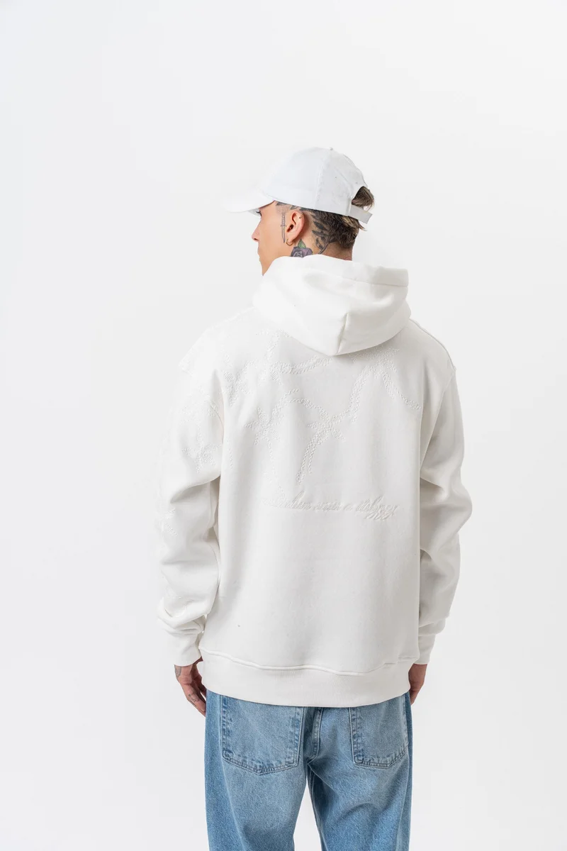 ريسباير هودي رجالي واسع (Oversize) بغطاء رأس مطرز بعبارة "Minimalism Series" لون إيكرو