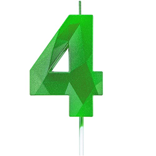 Willcan 3D Diamond Shape Tall 4 Green Color Glitter 4 Candles, Happy Birthday Cake Toppers Decorating and Celebrating for Adults/Kids Party/Family Baking - Image 1