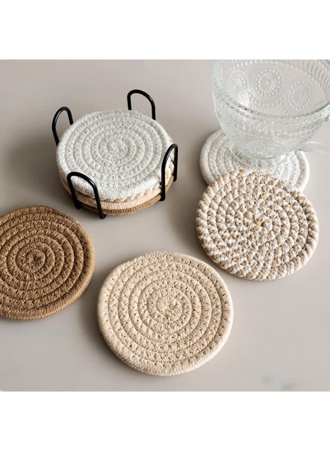 8Pcs Boho Minimalist Hand Woven Cotton Absorbent Drink Coasters 11cm with Iron Storage Holder, Tabletop Protection Cup Mats, Housewarming Holiday Gift for All Cups - Image 5