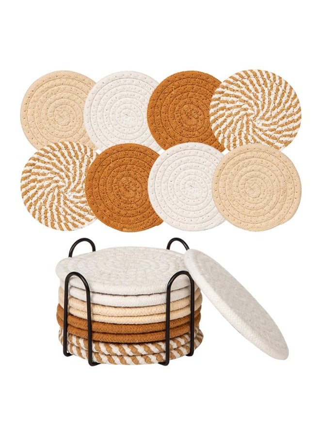 8Pcs Boho Minimalist Hand Woven Cotton Absorbent Drink Coasters 11cm with Iron Storage Holder, Tabletop Protection Cup Mats, Housewarming Holiday Gift for All Cups - Image 1