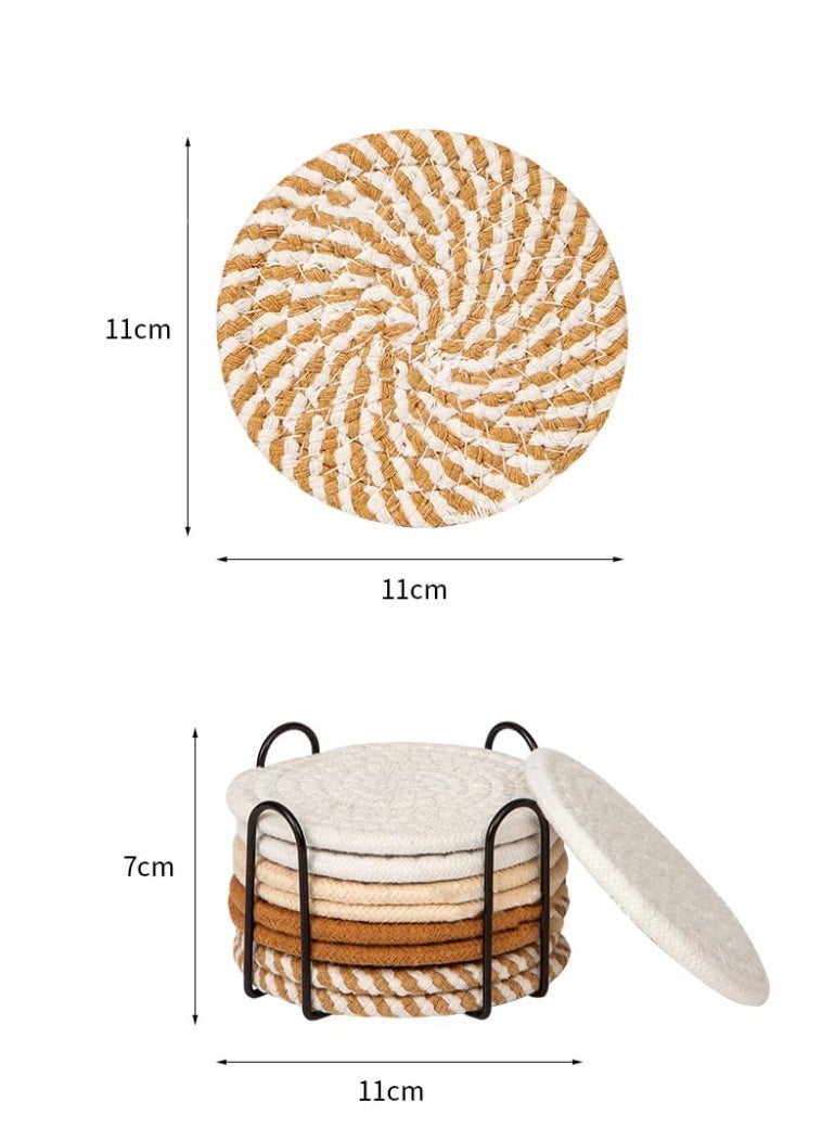 8Pcs Boho Minimalist Hand Woven Cotton Absorbent Drink Coasters 11cm with Iron Storage Holder, Tabletop Protection Cup Mats, Housewarming Holiday Gift for All Cups - Image 3
