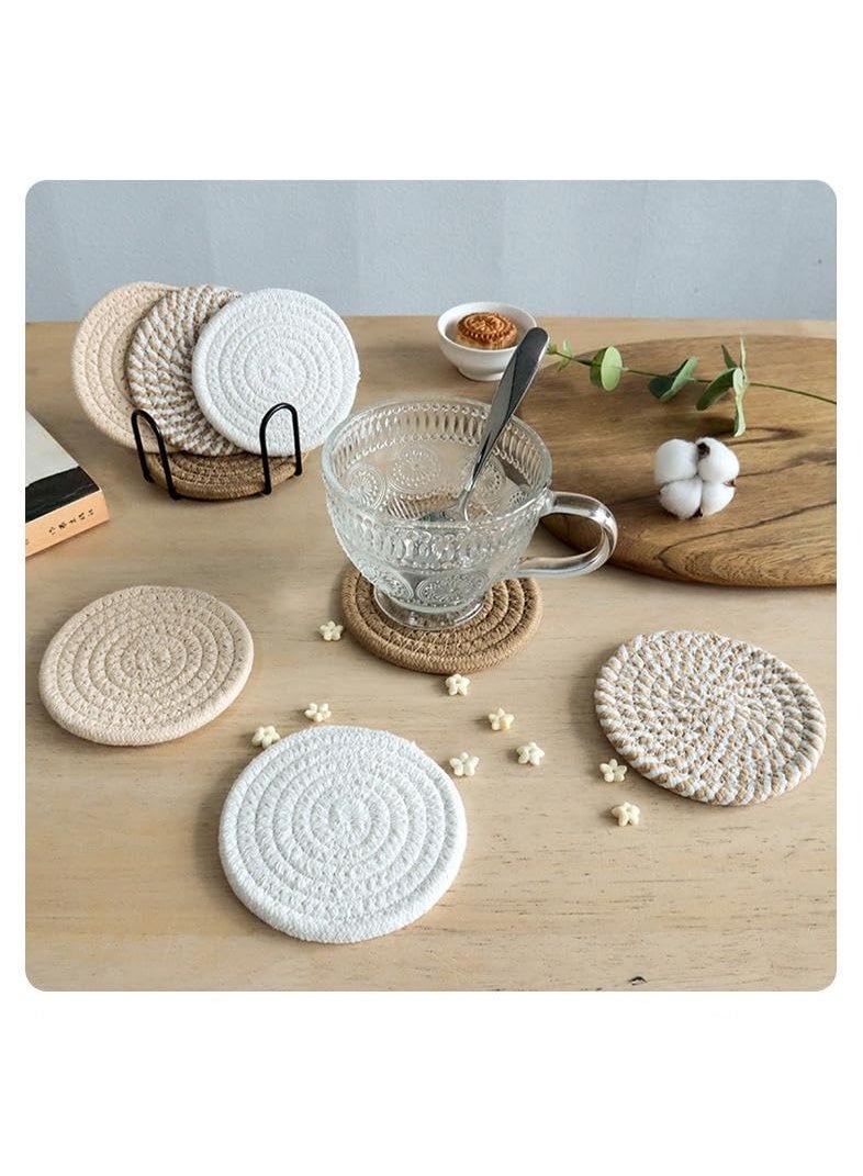 8Pcs Boho Minimalist Hand Woven Cotton Absorbent Drink Coasters 11cm with Iron Storage Holder, Tabletop Protection Cup Mats, Housewarming Holiday Gift for All Cups - Image 2