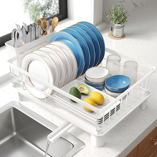 SNTD Dish Drying Rack Small Dish Rack for Kitchen Counter Stainless Steel Dish Drainer with Utensil Holder and Drainboard 129 W x 169 L White - Image 1
