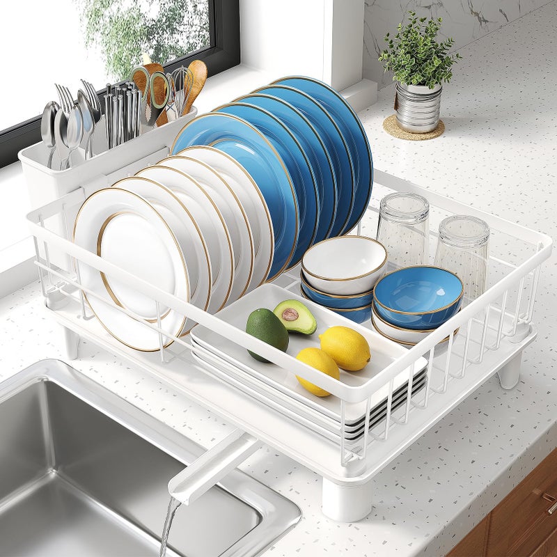 SNTD Dish Drying Rack Small Dish Rack for Kitchen Counter Stainless Steel Dish Drainer with Utensil Holder and Drainboard 129 W x 169 L White - Image 2