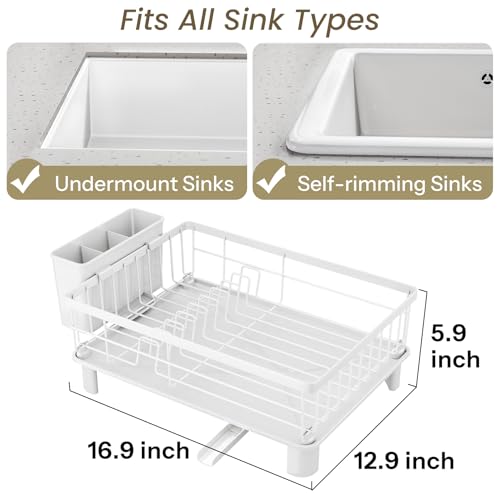 SNTD Dish Drying Rack Small Dish Rack for Kitchen Counter Stainless Steel Dish Drainer with Utensil Holder and Drainboard 129 W x 169 L White - Image 3