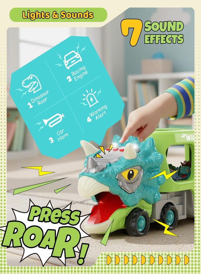 LADFAR Dinosaur Toys for Kids 3-5, Toddler Boy Toys, Dinosaur Carrier Truck with 8 Pull Back Cars, Transport Carrier Truck for Toddlers, Birthday Gifts with Music & Lights for 2 3 4 5+ Year Old Boys - Image 3