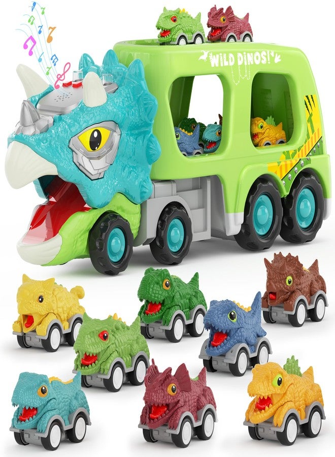 LADFAR Dinosaur Toys for Kids 3-5, Toddler Boy Toys, Dinosaur Carrier Truck with 8 Pull Back Cars, Transport Carrier Truck for Toddlers, Birthday Gifts with Music & Lights for 2 3 4 5+ Year Old Boys - Image 1