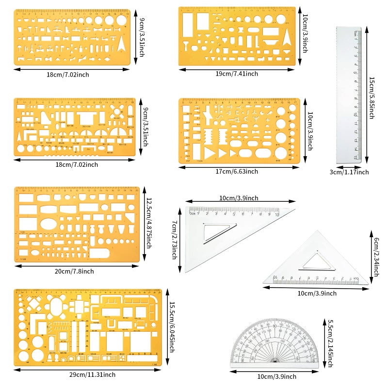 Zonon 10 Pcs Plastic Drawing Template Ruler Geometric Drawing 12 Inch Triangular Aluminum Architect Scale Measuring Templates Building Geometric Kit Plastic Ruler for Drafting(Stylish,Yellow) - Image 3