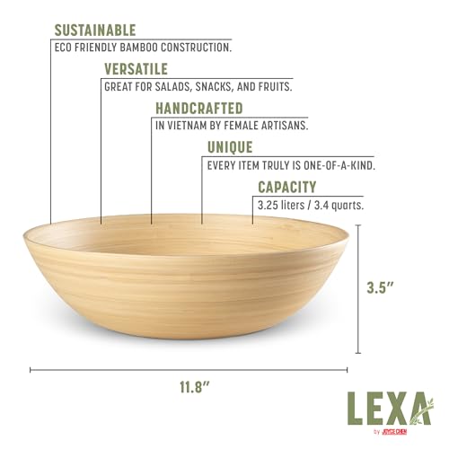LEXA 12" Handmade Bamboo Salad Bowl – 130 oz Large Wooden Fruit Bowl for Kitchen Counter, Natural Bamboo - Image 5