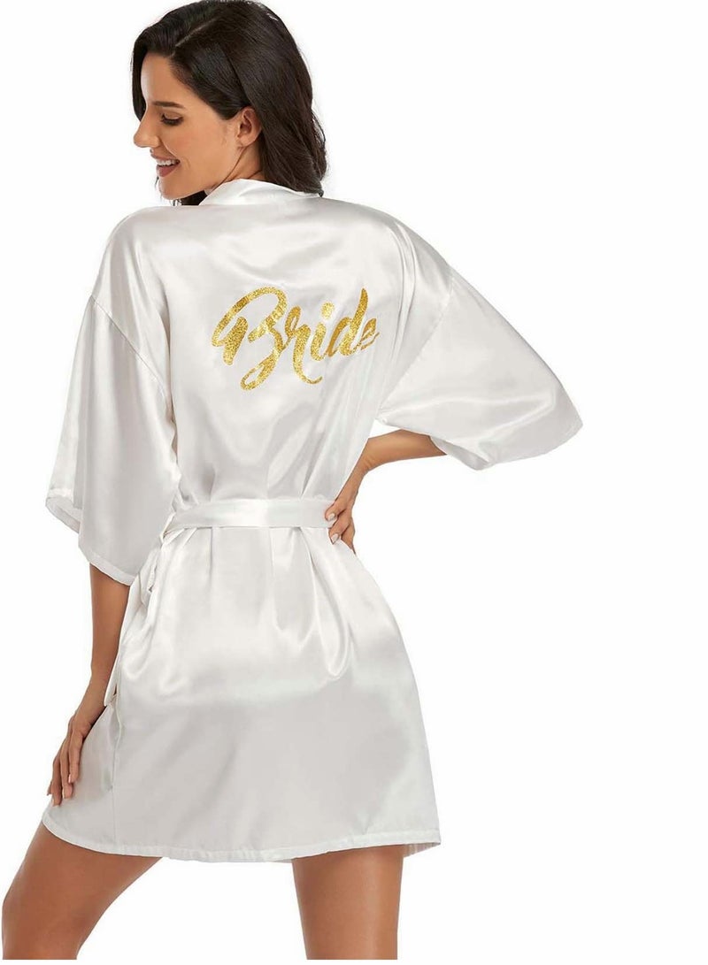 KASTWAVE Nightgown, Lady Spring and Summer Simulation Silk, Bridal Gown Morning, Bridesmaid Dress Mid-length Embroidered, Bathrobe Home Wear (Pearl White, L)  - Image 1