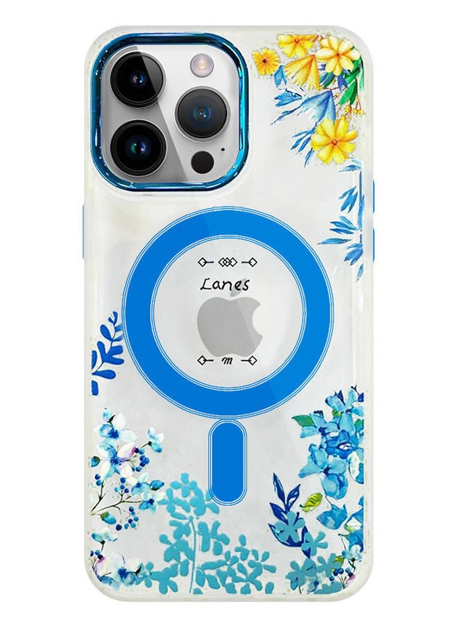 JOWAY Case for Apple iPhone 14 PRO MAX Floral Design Fashion Flower Compatible with MagSafe & Wireless Charging Cover BLUE - Image 1
