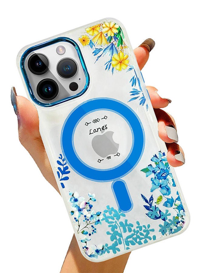 JOWAY Case for Apple iPhone 14 PRO MAX Floral Design Fashion Flower Compatible with MagSafe & Wireless Charging Cover BLUE - Image 4