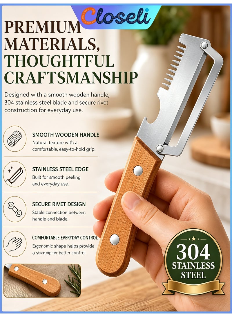Closeli 3-in-1 Julienne Peeler, Stainless Steel Multi Functional Fruit and Vegetable Peeler with Non Slip Wooden Handle, Built-in Bottle Opener, Compact Durable Kitchen Prep Tool for Potatoes, Apples, Cucumbers and Home Daily Cooking - Image 1