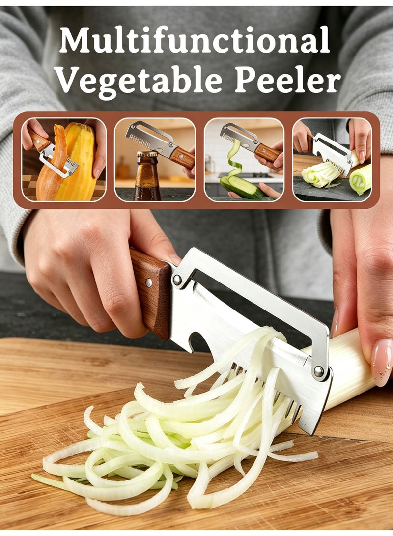 Closeli 3-in-1 Julienne Peeler, Stainless Steel Multi Functional Fruit and Vegetable Peeler with Non Slip Wooden Handle, Built-in Bottle Opener, Compact Durable Kitchen Prep Tool for Potatoes, Apples, Cucumbers and Home Daily Cooking - Image 5
