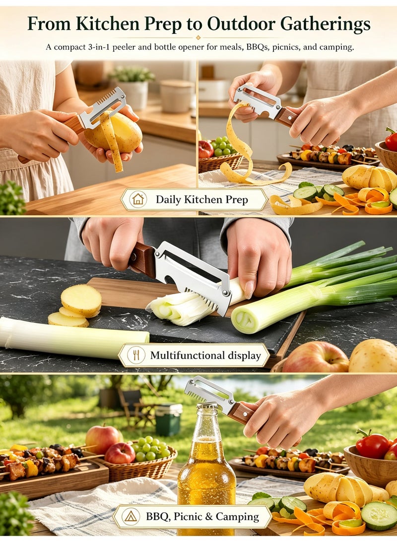 Closeli 3-in-1 Julienne Peeler, Stainless Steel Multi Functional Fruit and Vegetable Peeler with Non Slip Wooden Handle, Built-in Bottle Opener, Compact Durable Kitchen Prep Tool for Potatoes, Apples, Cucumbers and Home Daily Cooking - Image 3