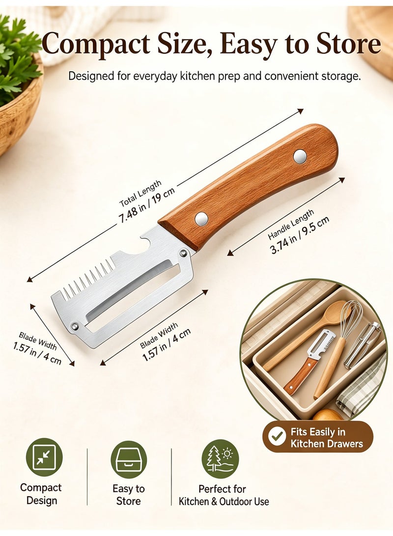Closeli 3-in-1 Julienne Peeler, Stainless Steel Multi Functional Fruit and Vegetable Peeler with Non Slip Wooden Handle, Built-in Bottle Opener, Compact Durable Kitchen Prep Tool for Potatoes, Apples, Cucumbers and Home Daily Cooking - Image 4