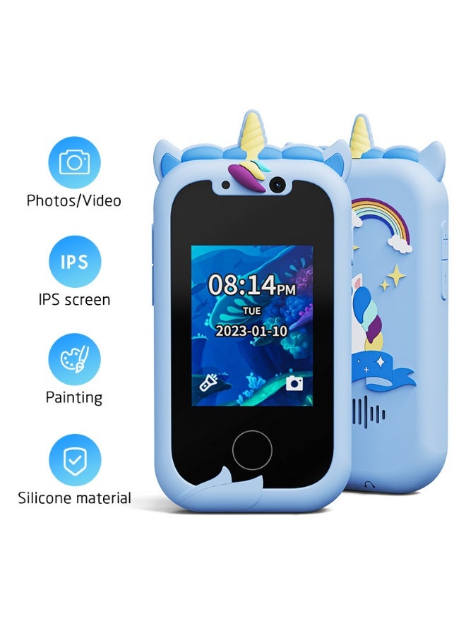 LBMT ألعاب هواتف ذكية للأطفال مع جراب، ألعاب سفر بكاميرا مزدوجة، ألعاب تعليمية، شاشة لمس ٢.٨ بوصة، ١٦ لعبة تعليمية، مشغل موسيقى، هدايا للأولاد والبنات من ٣ إلى ٧ سنوات (أزرق) - Image 1