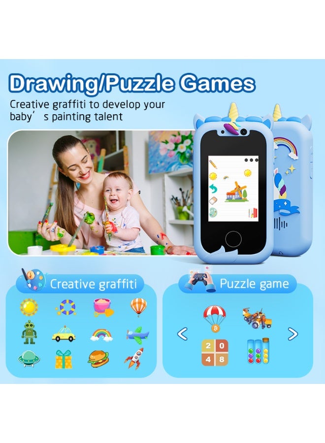 LBMT ألعاب هواتف ذكية للأطفال مع جراب، ألعاب سفر بكاميرا مزدوجة، ألعاب تعليمية، شاشة لمس ٢.٨ بوصة، ١٦ لعبة تعليمية، مشغل موسيقى، هدايا للأولاد والبنات من ٣ إلى ٧ سنوات (أزرق) - Image 4
