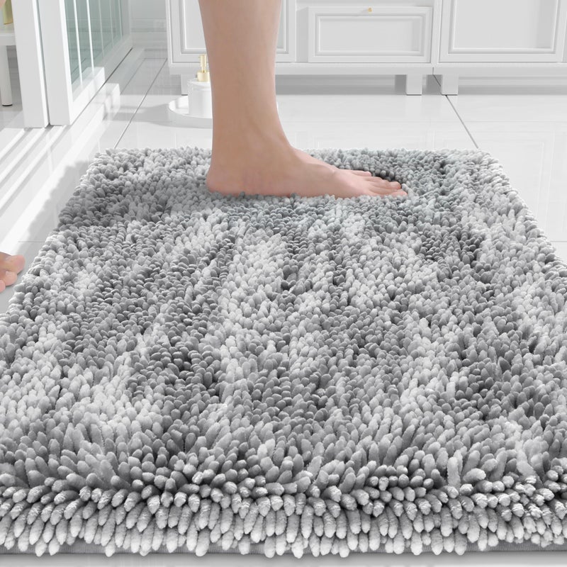 Yimobra Chenille Bathroom Rugs Non Slip Extra Thick Soft Absorbent Bath Rug 24x17 Inch Machine Washable Quick Dry Bath Mat for Bathroom Floor Tub and Shower Home Decor Accessories Light Grey