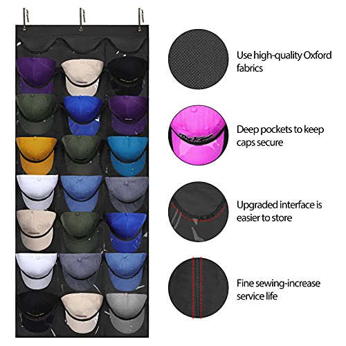 Dofilachy Hat Organizer Racks for Baseball Caps, Visible Hat Holder Rack for Wall Door with 3 Hooks, 24 Deep Pockets - Image 2