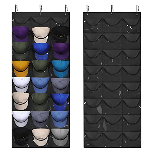 Dofilachy Hat Organizer Racks for Baseball Caps, Visible Hat Holder Rack for Wall Door with 3 Hooks, 24 Deep Pockets - Image 1