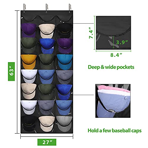 Dofilachy Hat Organizer Racks for Baseball Caps, Visible Hat Holder Rack for Wall Door with 3 Hooks, 24 Deep Pockets - Image 5