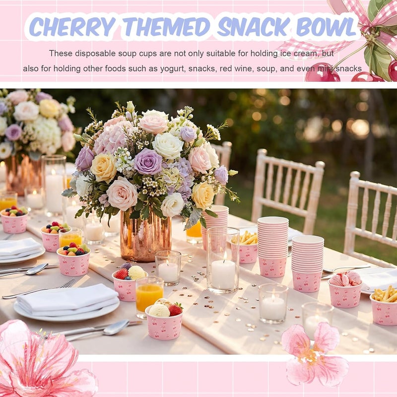 Maxdot Cherry Snack Cups 9oz Disposable Ice Cream Cups Decorative Pink Paper Dessert Bowls Party Supplies for Yogurt, Cupcakes, Soup Hot or Cold Food - Image 5
