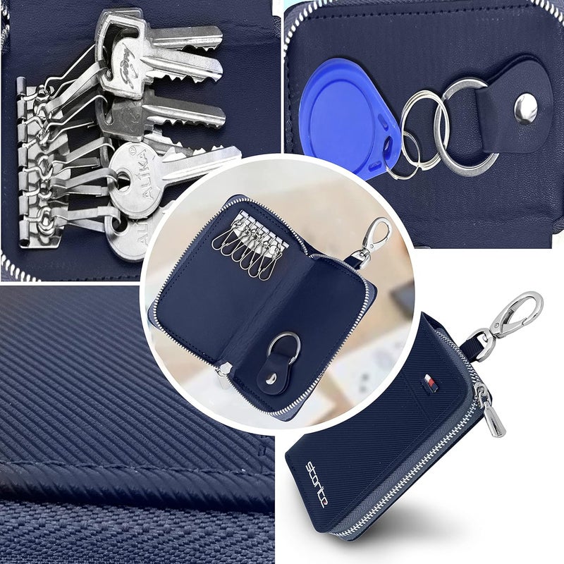 Storite PU Leather Car Key Case with Zipper & 6 Hooks | Large Capacity Keychain Holder Pouch Bag for Men & Women – Blue - Image 4
