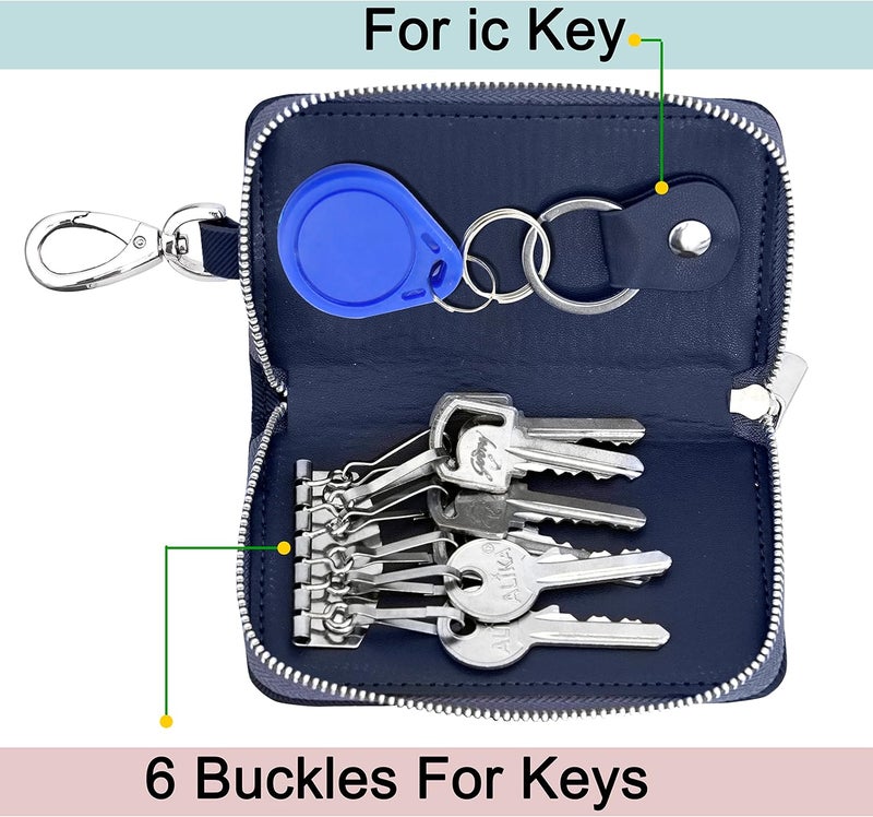 Storite PU Leather Car Key Case with Zipper & 6 Hooks | Large Capacity Keychain Holder Pouch Bag for Men & Women – Blue - Image 5