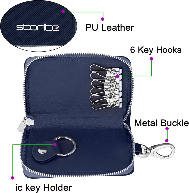 Storite PU Leather Car Key Case with Zipper & 6 Hooks | Large Capacity Keychain Holder Pouch Bag for Men & Women – Blue - Image 3