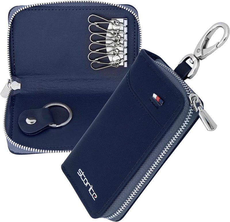 Storite PU Leather Car Key Case with Zipper & 6 Hooks | Large Capacity Keychain Holder Pouch Bag for Men & Women – Blue - Image 1