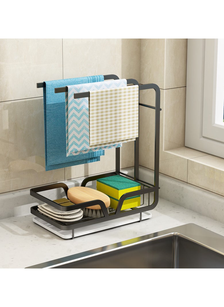 AUTOYSUR Kitchen Sink Caddy Sponge Holder with Dishcloth Drying Rack, Kitchen Rag Stand Sponge Brush Soap Dish Dishcloth Rack Sink Storage Organizer for Kitchen Countertop (Black)  - Image 3