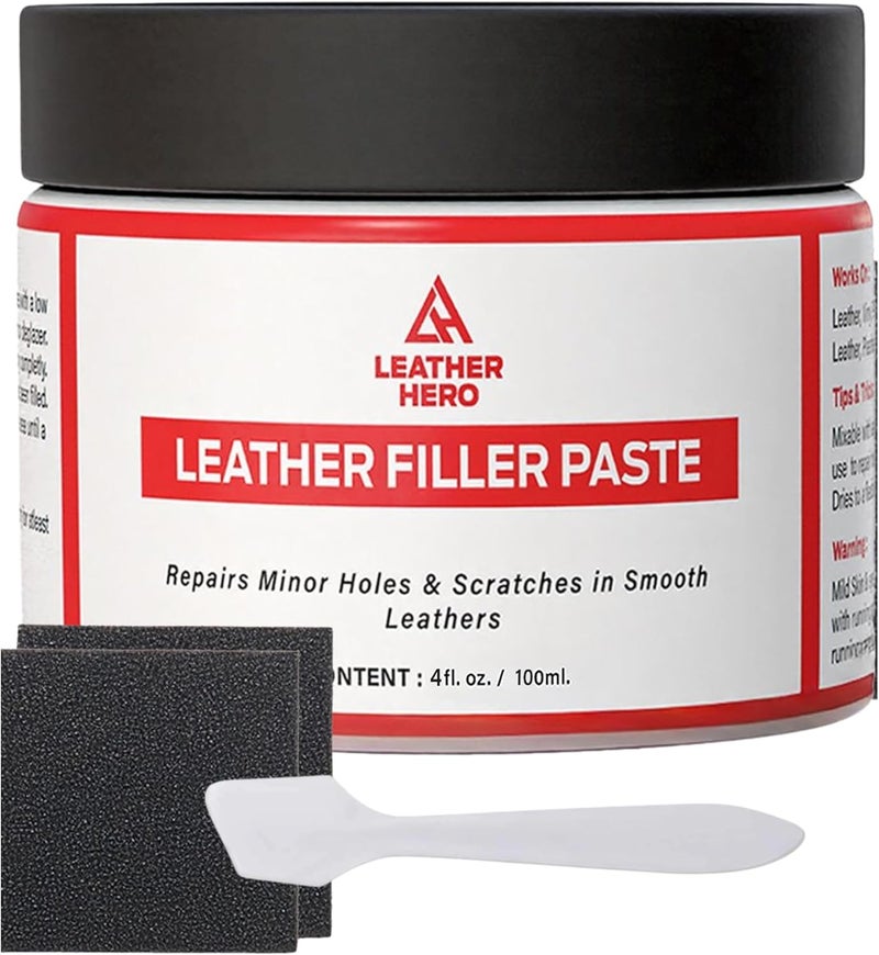 Leather Hero حشو جلدي لملء أو إصلاح الثقوب، التمزقات، الشقوق، الخدوش، لمقاعد السيارات الجلدية، الأثاث، الأحذية - مرن مع أداة تطبيق (100 مل) أحجام حسب خليج - Image 1