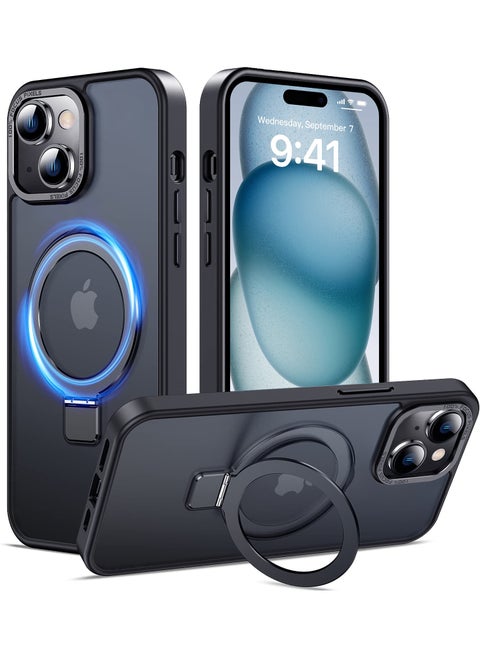 iPhone 15 Plus MagSafe Case with Magnetic Invisible Stand,【Full Shockproof Protection】Matte Back Phone Cover with Magnet Kickstand for Apple 15 Plus (2023)(Black)