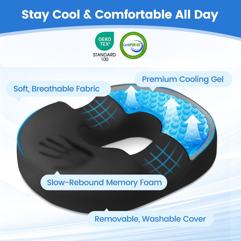 DailyCuddles Donut Pillow for Tailbone Pain, Hemorrhoids - Cooling Gel Memory Foam Chair Seat Cushion for Office, Home & Wheelchair, Ergonomic Chair Pad for Pregnancy, Sciatica, Coccyx (Large, Black) - Image 2
