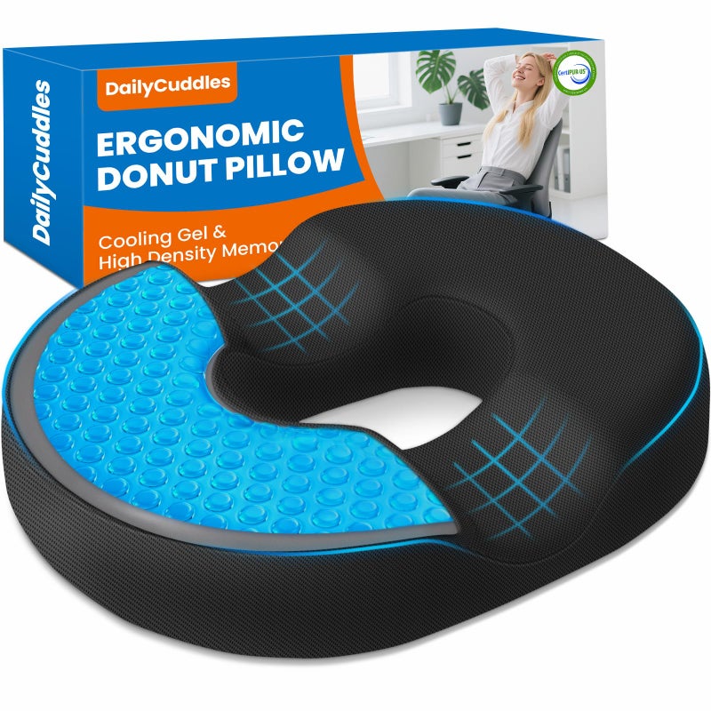 DailyCuddles Donut Pillow for Tailbone Pain, Hemorrhoids - Cooling Gel Memory Foam Chair Seat Cushion for Office, Home & Wheelchair, Ergonomic Chair Pad for Pregnancy, Sciatica, Coccyx (Large, Black) - Image 1