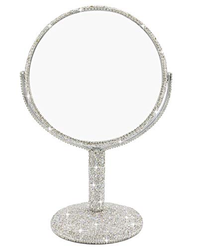 Bestbling Bling Rhinestone Portable Magnified Double Sided Swivel Makeup Vanity Mirror 360Rotate Makeup Mirror Round Shaped TwoSided Makeup Mirror Silver