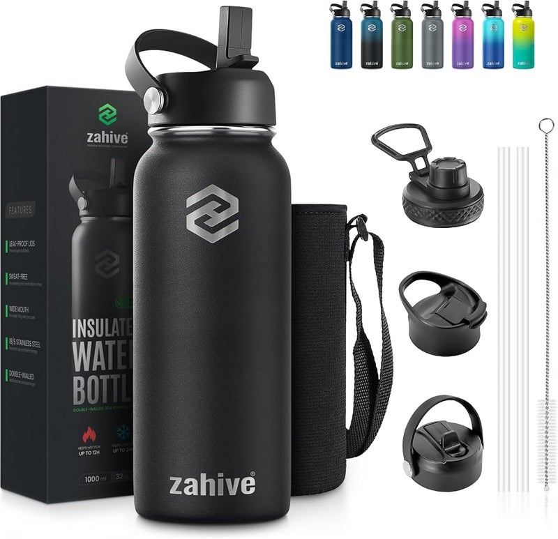 زاهايف زجاجة ماء معزولة Zahive سعة 1 لتر مع 3 أغطية وحقيبة - زجاجة ماء من الفولاذ المقاوم للصدأ مزودة بقشة - زجاجة ذات طبقتين بسعة 1000 مل مناسبة للصالة الرياضية، السفر، والمشروبات الساخنة والباردة - مقاومة للتسرب (1 لتر، لون أسود) - Image 1