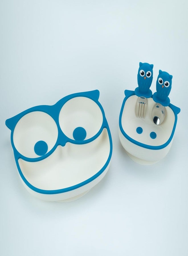 StarKiddo® Owl Silicone Plate and Bowl for Kids with Spoon & Fork|Baby-Led Self Feeding Stay Put Divided Feeding Weaning Plates|Unbreakable | Non-Slip Suction Bowl (Blue) - Image 1