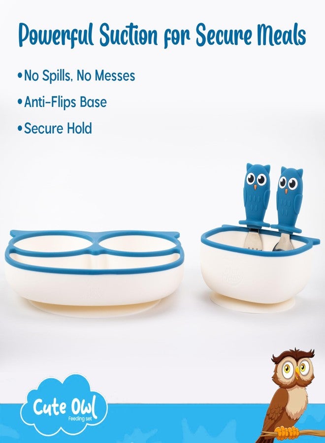 StarKiddo® Owl Silicone Plate and Bowl for Kids with Spoon & Fork|Baby-Led Self Feeding Stay Put Divided Feeding Weaning Plates|Unbreakable | Non-Slip Suction Bowl (Blue) - Image 2