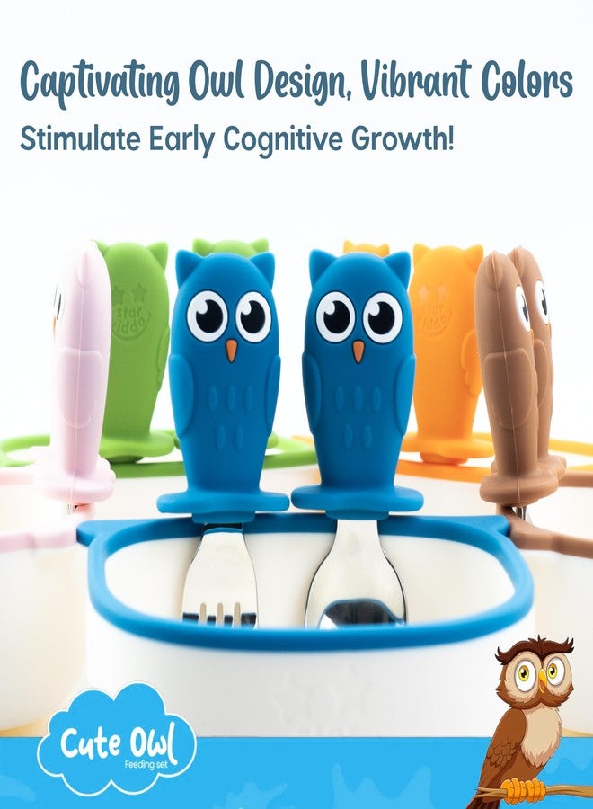 StarKiddo® Owl Silicone Plate and Bowl for Kids with Spoon & Fork|Baby-Led Self Feeding Stay Put Divided Feeding Weaning Plates|Unbreakable | Non-Slip Suction Bowl (Blue) - Image 4