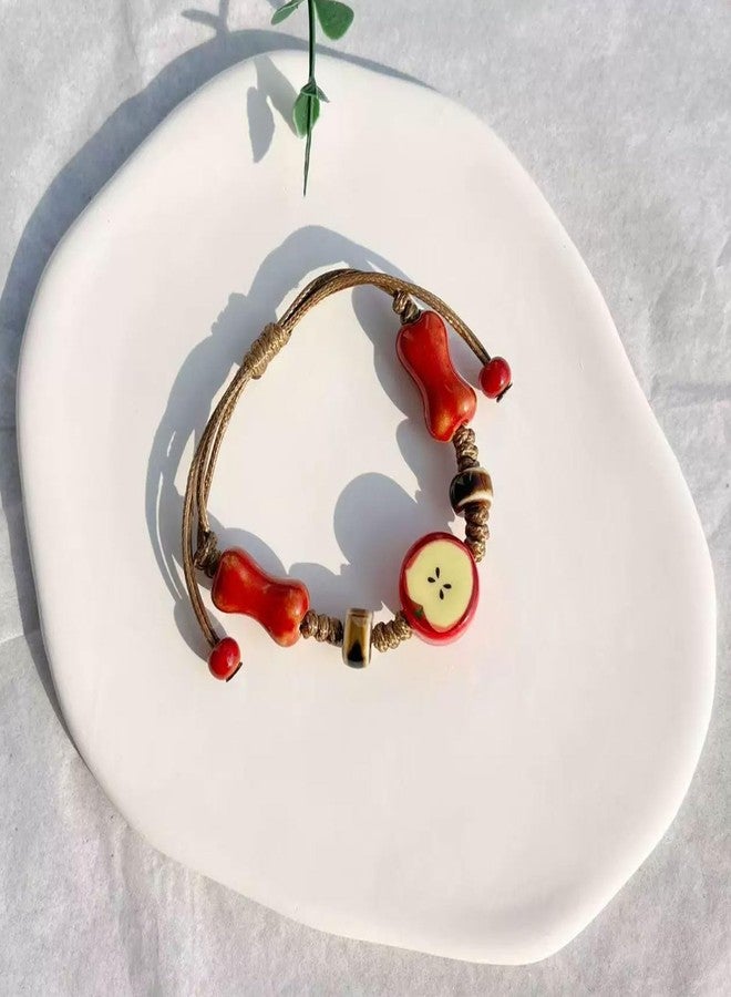 CZMZHFC Ceramic Apple Bracelet for Women Men,Adjustable Rope String Bracelet,Handmade Woven Cord Bracelets,Whimsical Apple Y2k Aesthetic 2000s Downtown Accessories,Cartoon Style Jewelry Gifts for Women Men - Image 4
