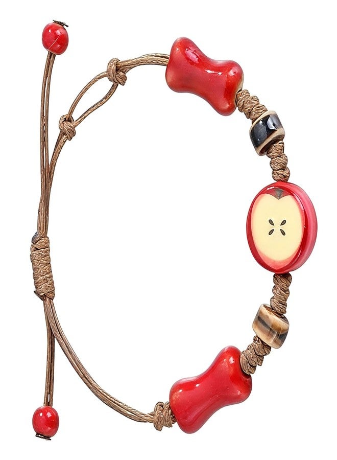 CZMZHFC Ceramic Apple Bracelet for Women Men,Adjustable Rope String Bracelet,Handmade Woven Cord Bracelets,Whimsical Apple Y2k Aesthetic 2000s Downtown Accessories,Cartoon Style Jewelry Gifts for Women Men - Image 1